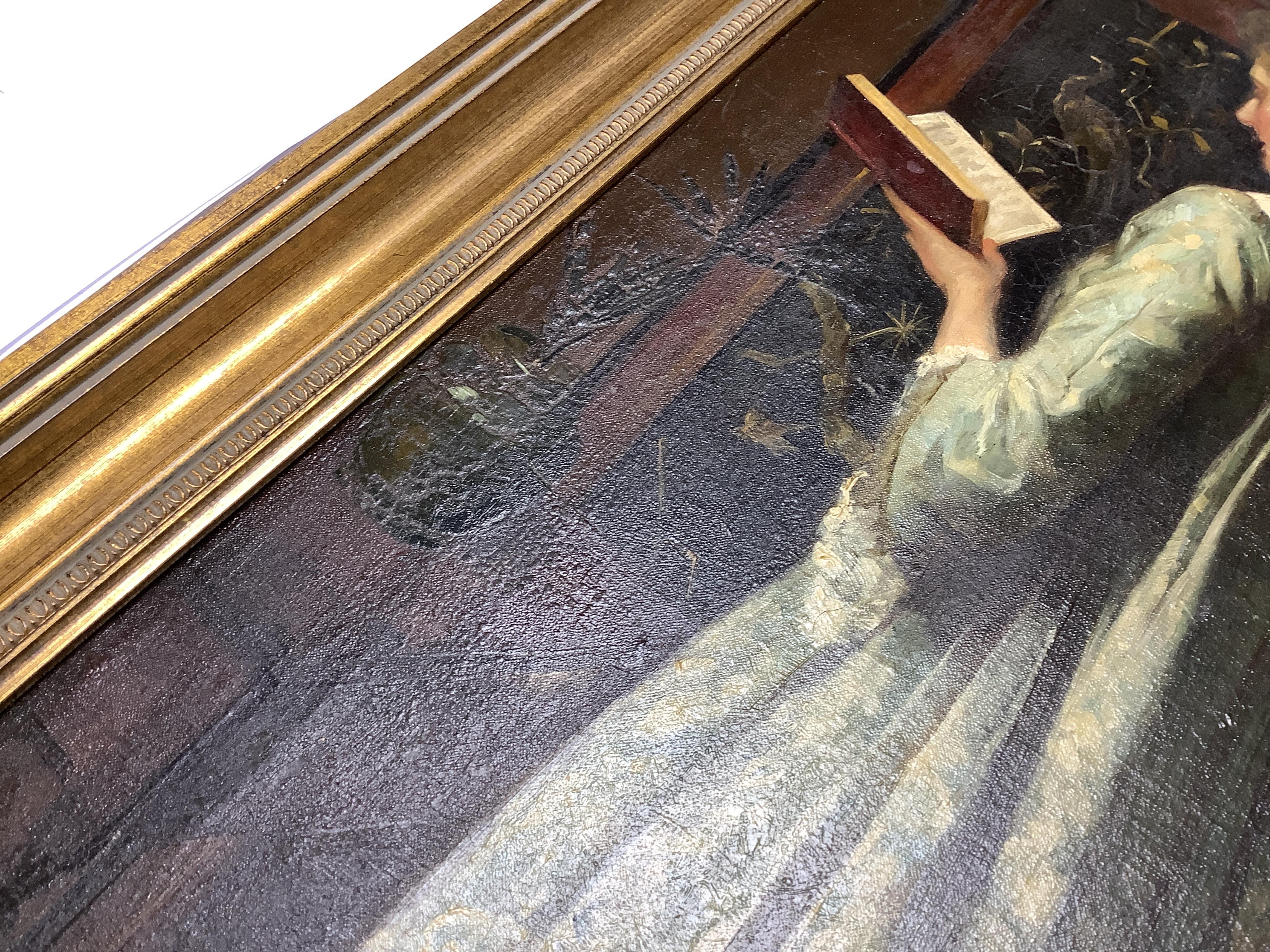 Pre-Raphaelite school, Three quarter length portrait of a lady reading, monogrammed lower right, FHL?, oil on canvas, 41 x 21cm